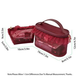 Red Mesh Makeup Bag with Ruffle Trim and Love Embroidery