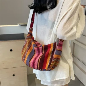 Tribal Style Foldable Crossbody Bag with Striped Shoulder Design