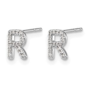 14k White Gold Real Diamond Initial R Earrings
