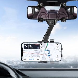 360 Rearview Mirror Phone Holder for Car Navigation & Hands-Free Viewing