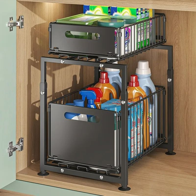 Kitchen Sink Pull-Out Storage Rack & Double-Layer Organizer