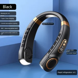 Mini Electric Fan USB Handheld Neck Fan with LED Digital Display & Colorful Atmosphere Lights