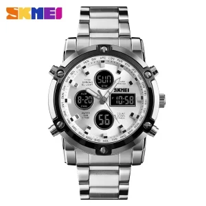 Triple Time Stainless Steel Digital Quartz Watch for Men with Countdown Timer